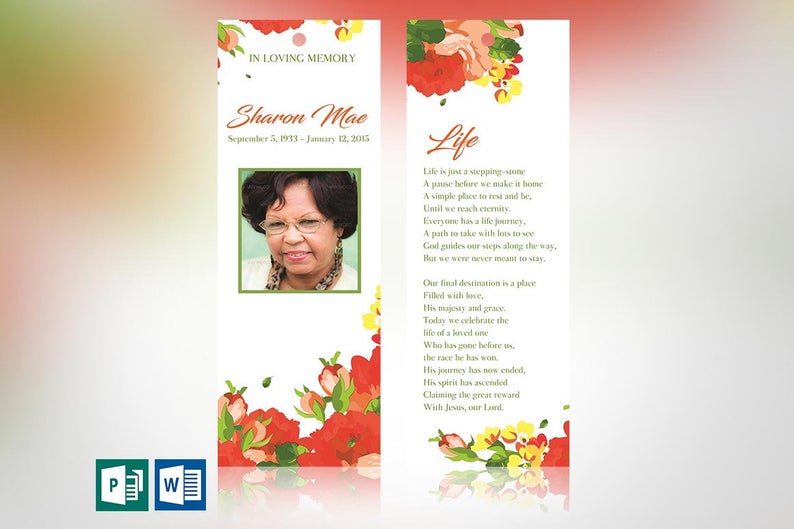 Orange Watercolor Funeral Bookmark Word Publisher Template 