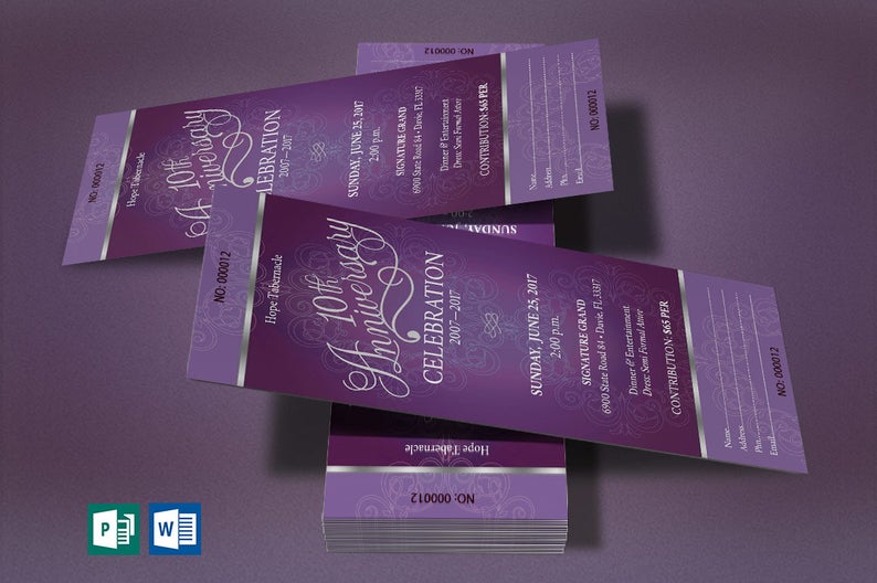 Purple Silver Church Anniversary Publisher Word Ticket 