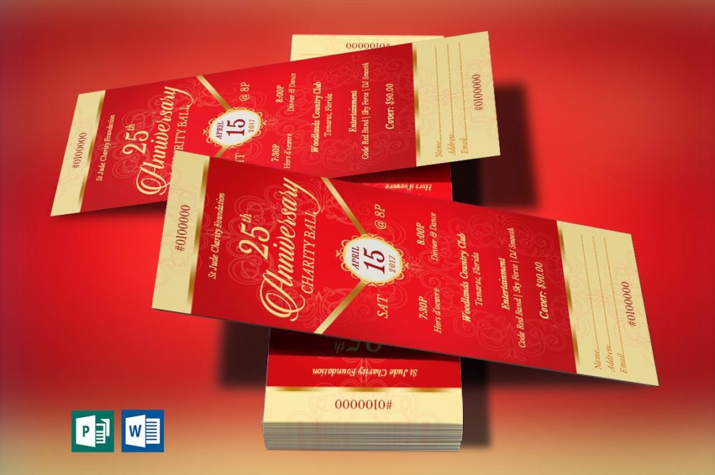 Red Gold Anniversary Banquet Ticket Word Publisher Template