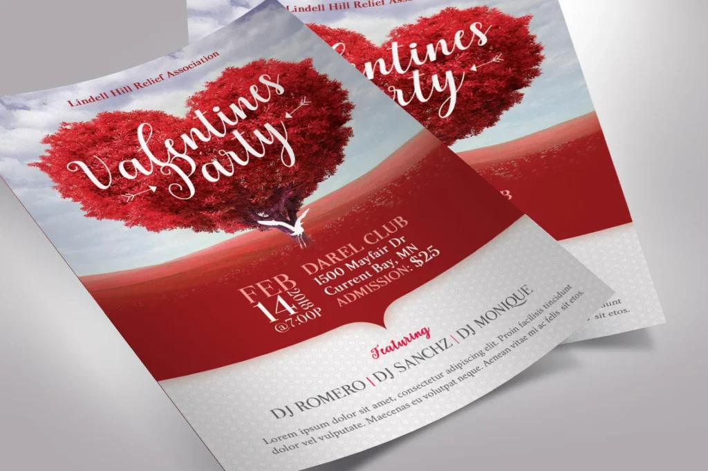 red and white flyer with heart tree for Valentine's Day Events Marketing