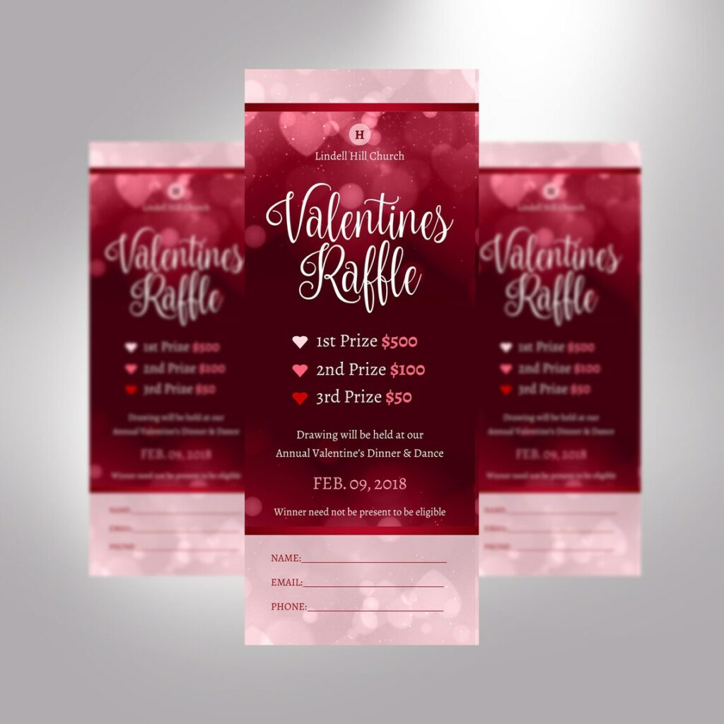 red and pink raffle ticket with pink hearts for Valentine's Day Events Marketing