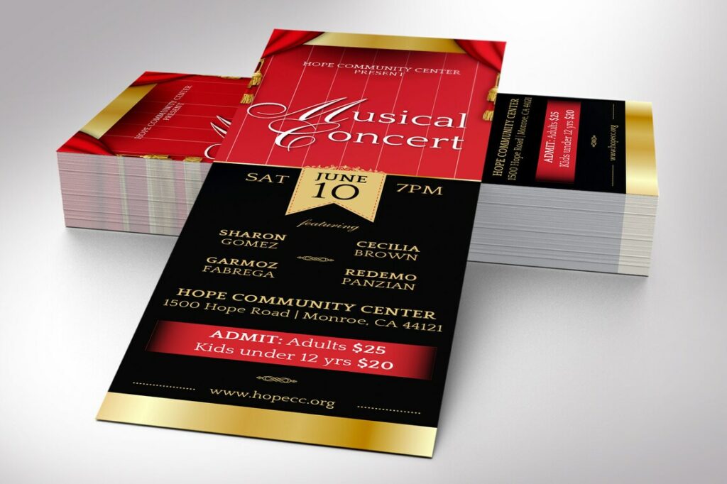 red and black musical event ticket for Valentine's Day Events Marketing