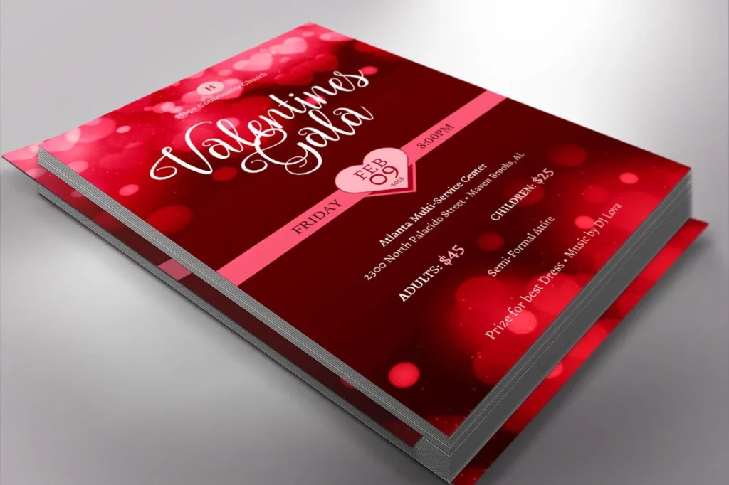 red and pink flyer with pink hearts for Valentine's Day Events Marketing