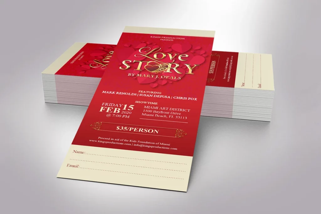 red and gold valentines ticket for Valentine's Day Events Marketing
