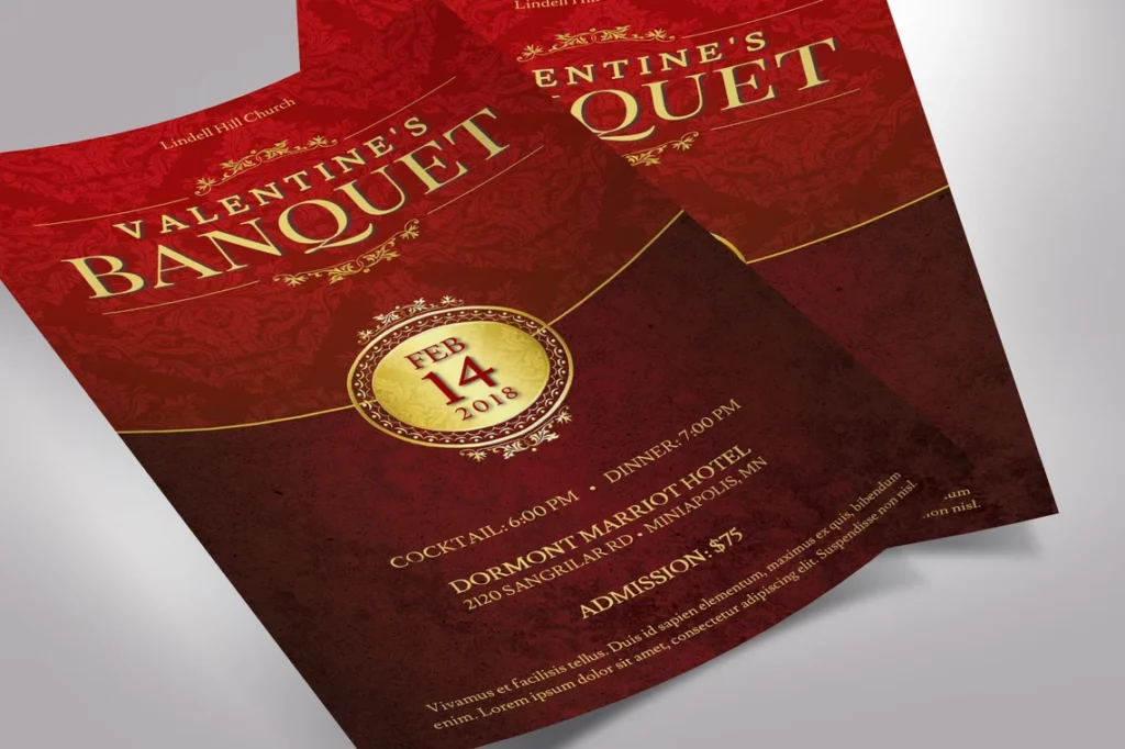 red and gold flyer for banquets designed for Valentine's Day Events Marketing