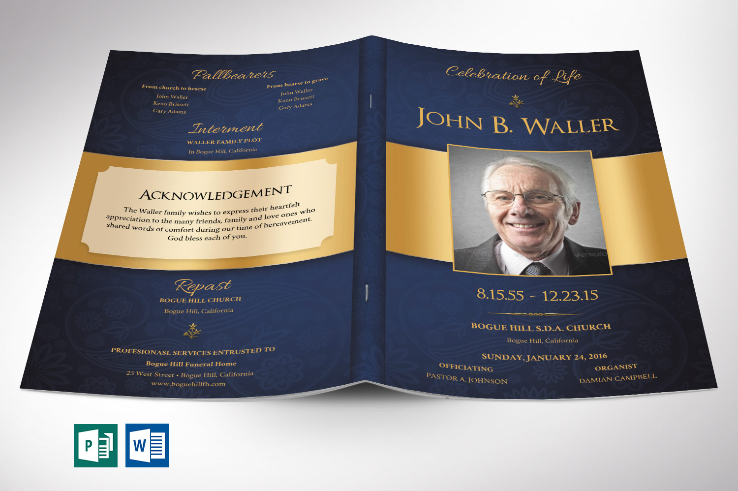 Blue Gold Funeral Program Word Publisher Template