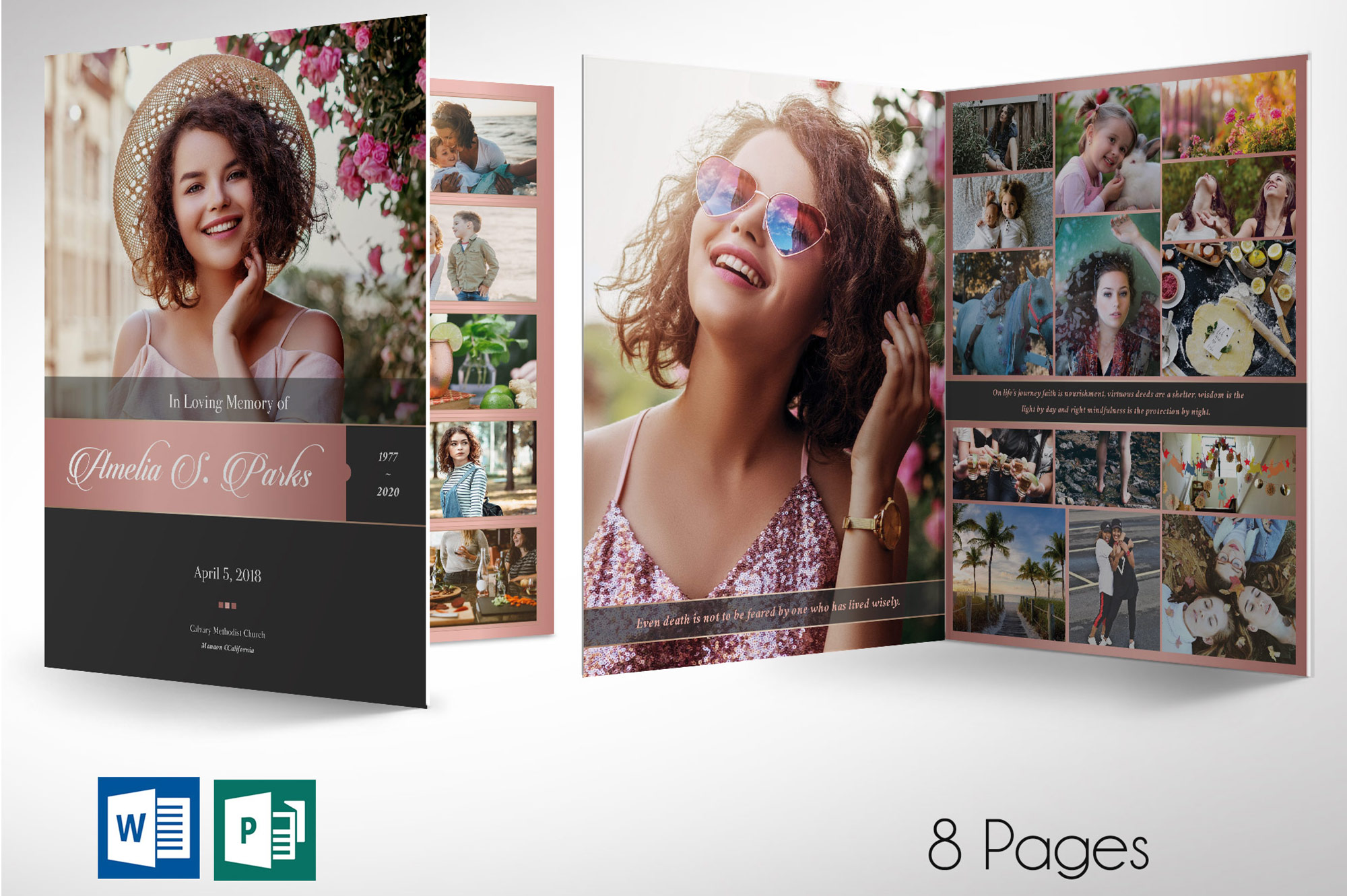 Remember Rose Gold Funeral Program Word Publisher Large Template