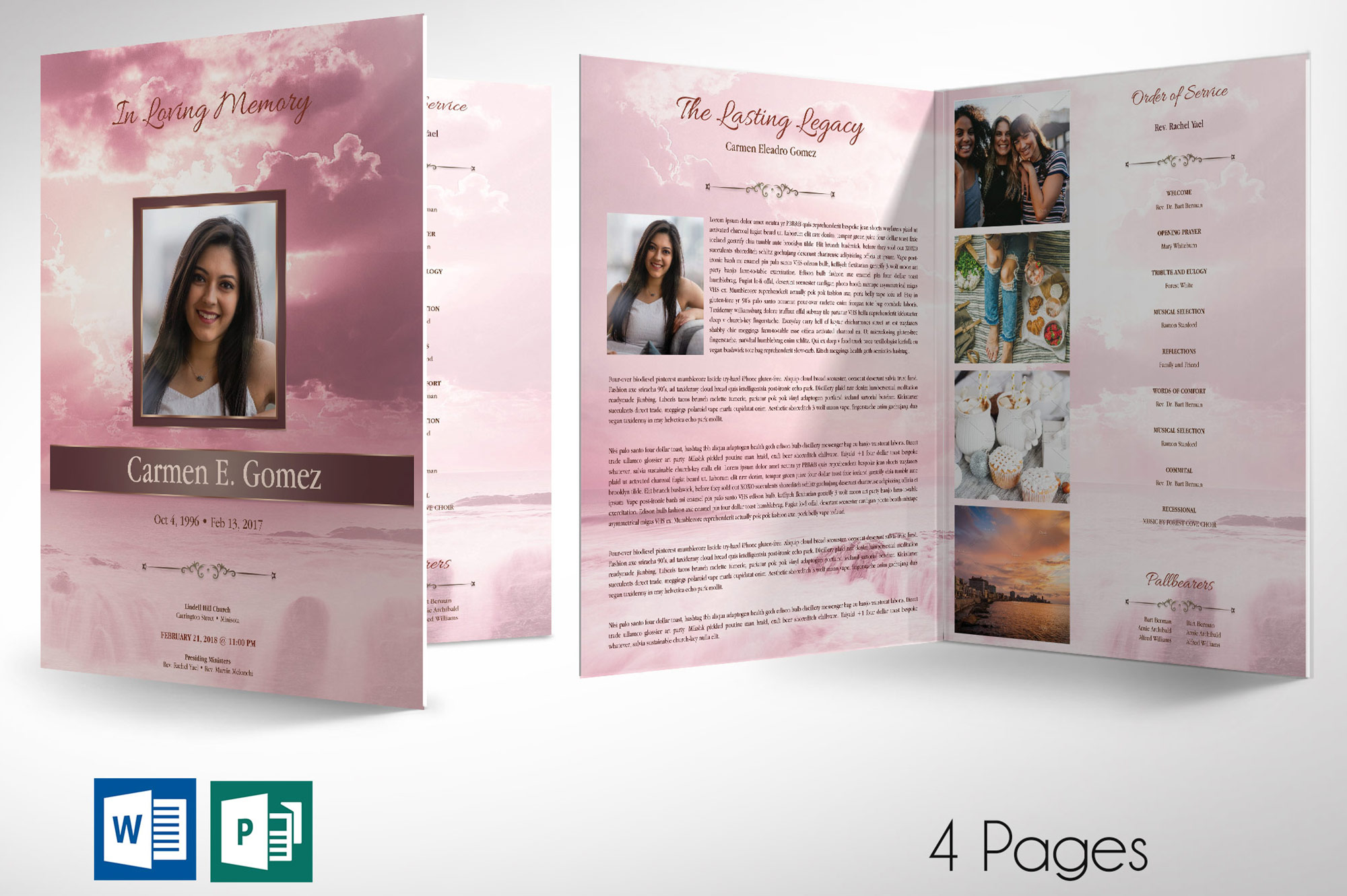 Pink Forever Funeral Program Large Word Publisher Template
