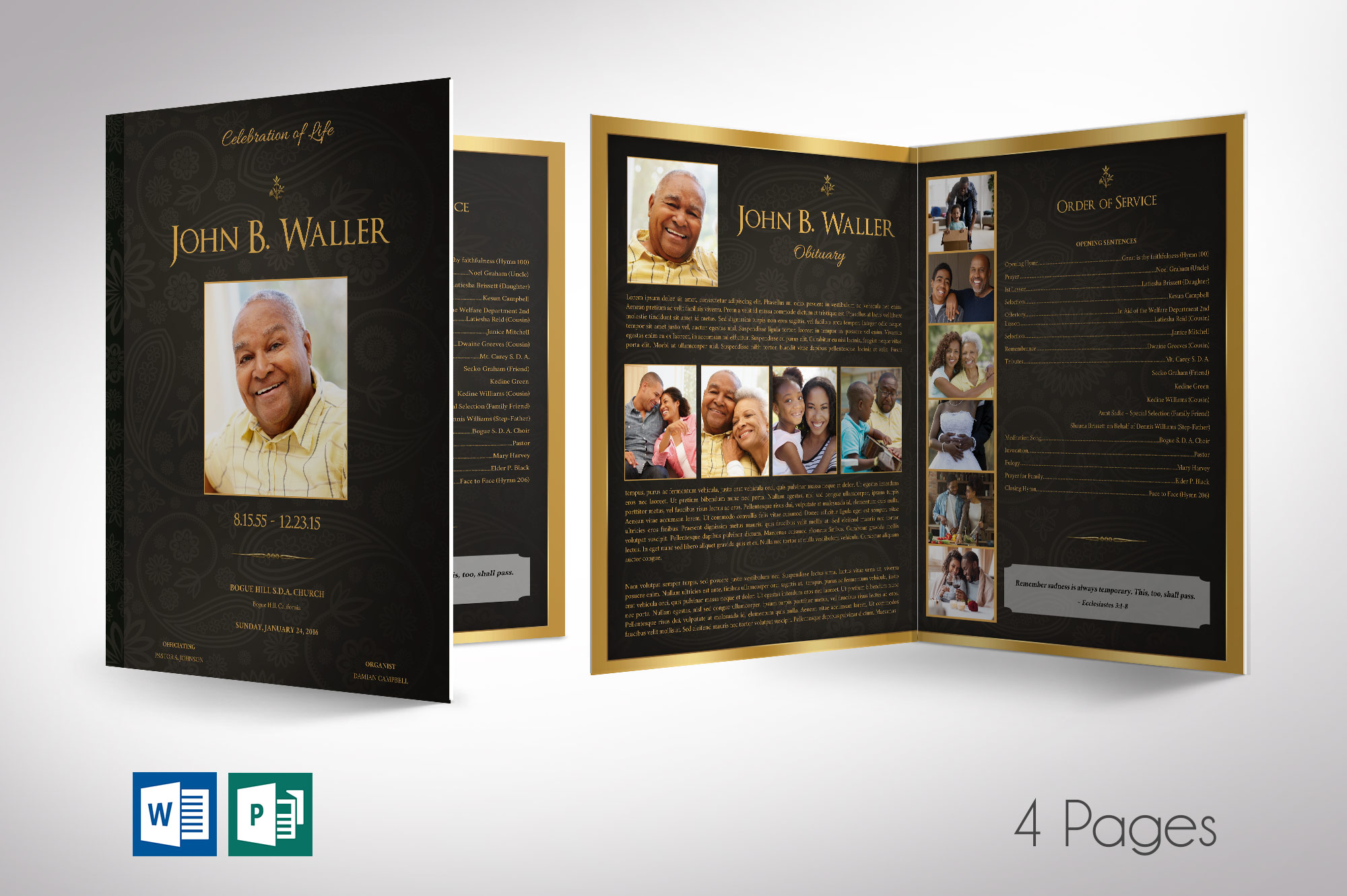 Black Dignity Funeral Program Tabloid Word Publisher Template