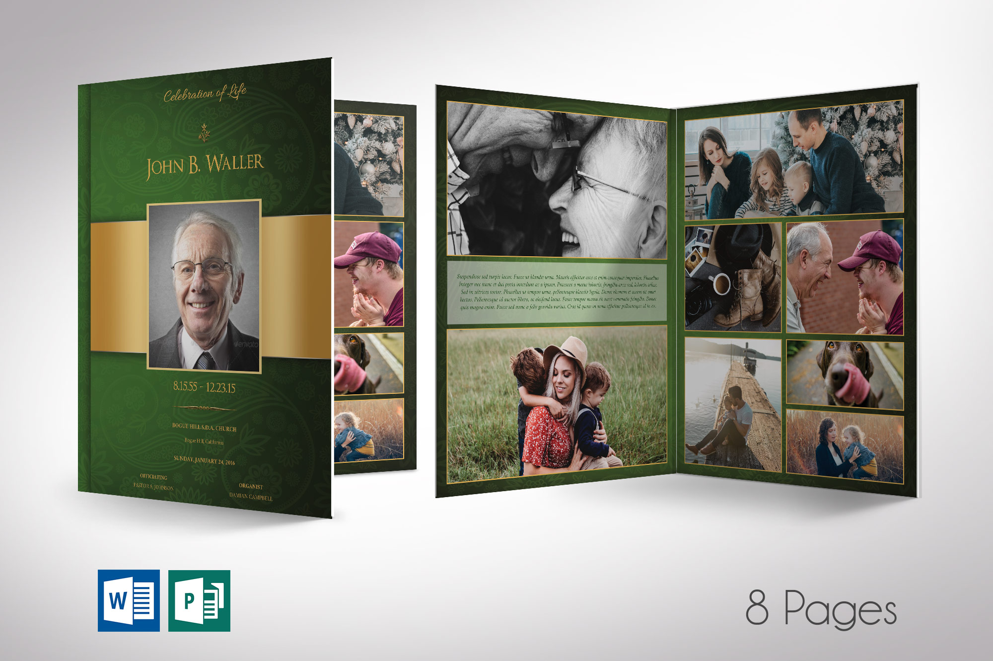 Green Gold Funeral Program Word Publisher Tabloid Template