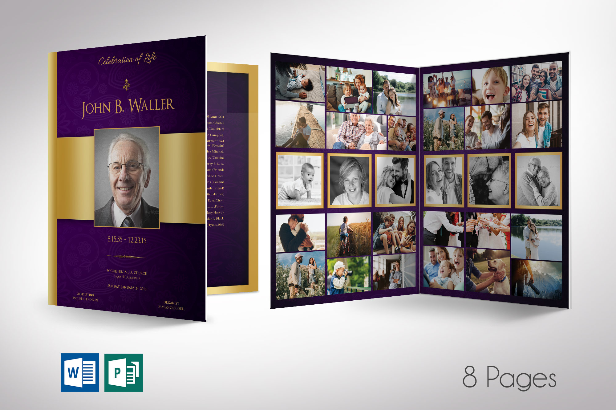 Purple Gold Regal Funeral Program Word Publisher Template