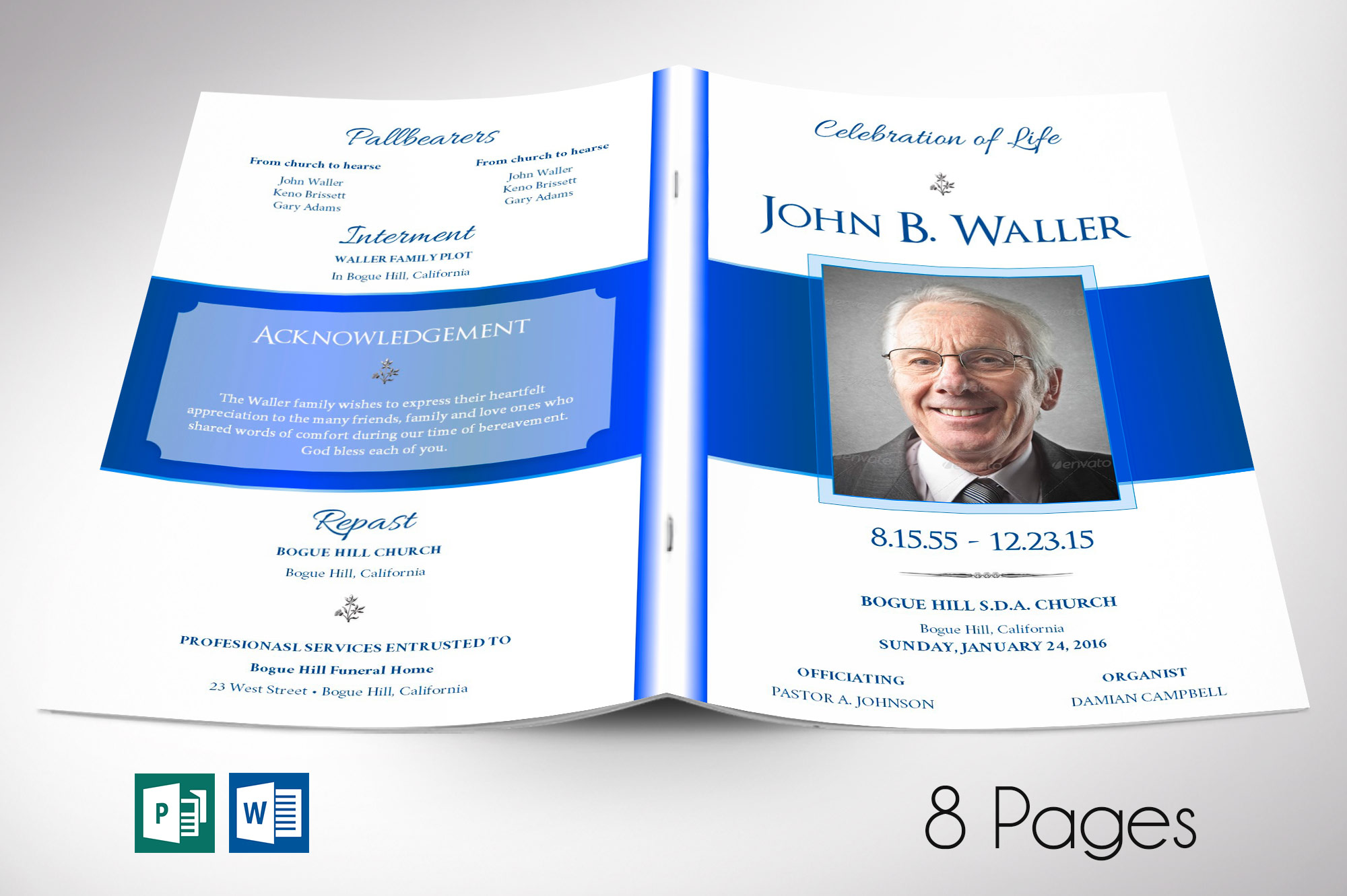 White Blue Funeral Program Word Publisher Template