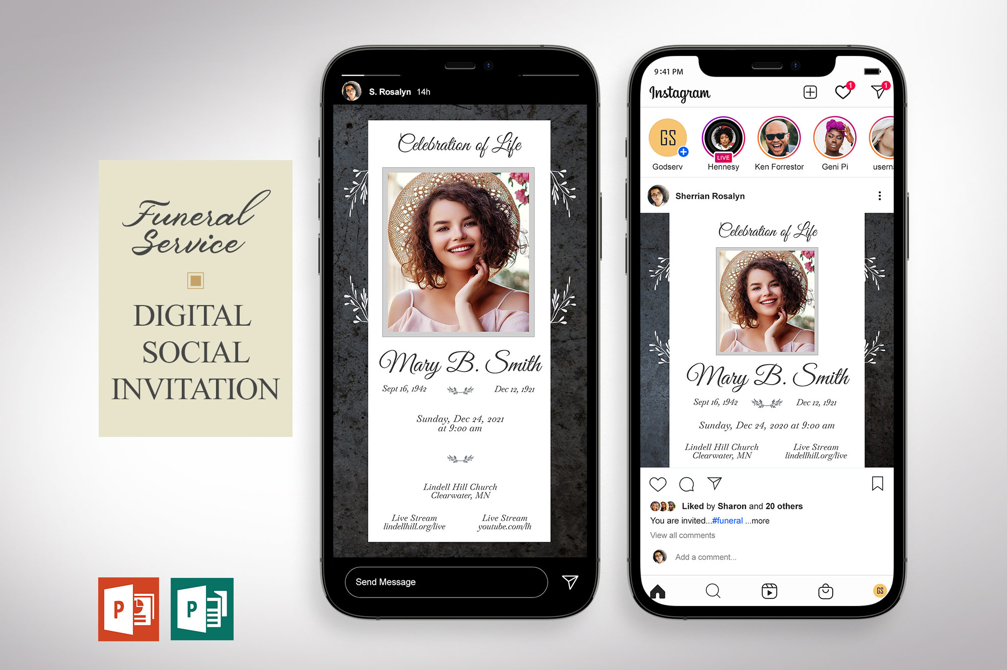 Graystone Funeral Digital Invitation PowerPoint Publisher Template | 2 Sizes | 1080x1080 Pixels (square) and 1080x1920 Pixels
