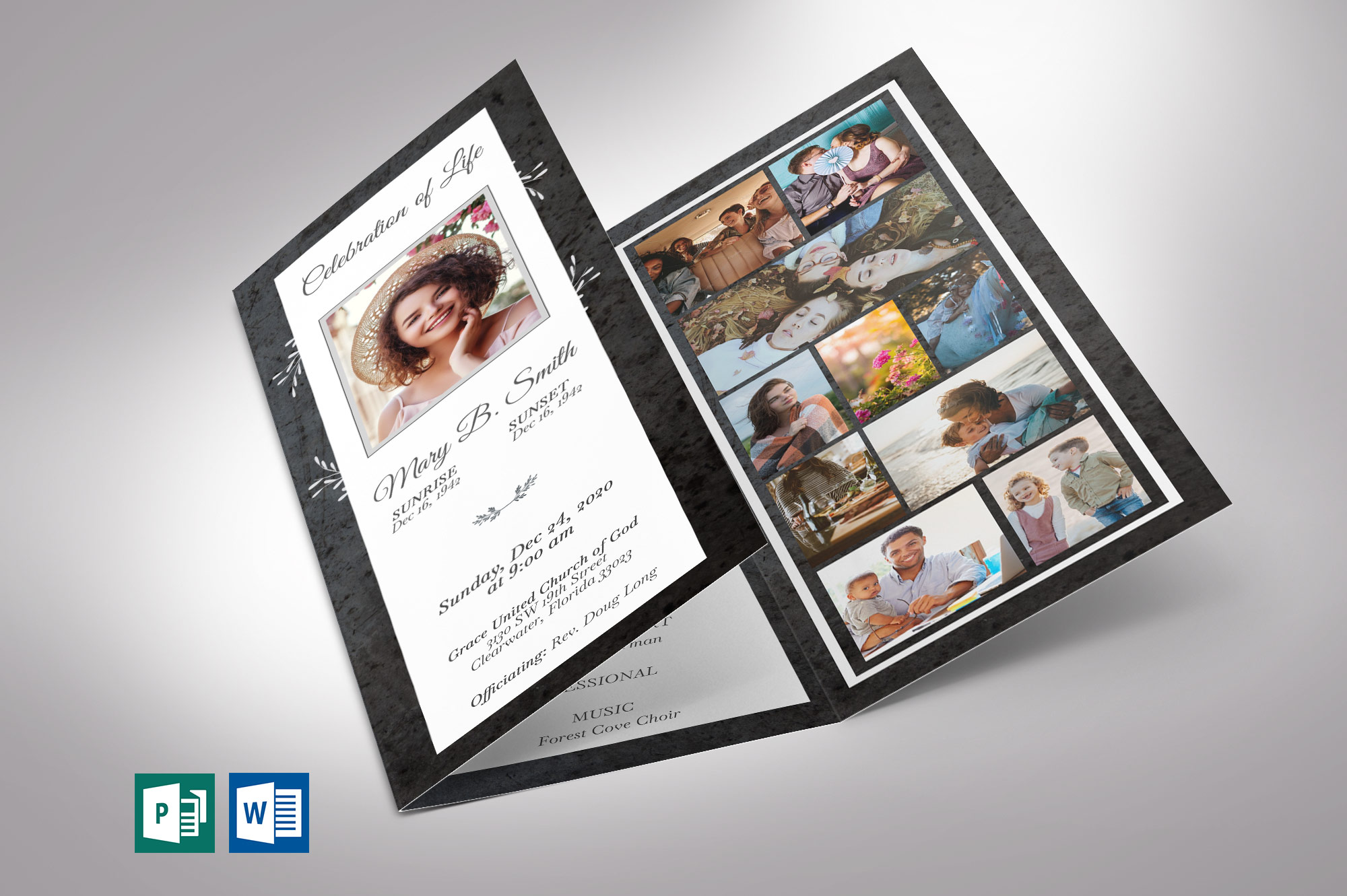 Graystone Trifold Funeral Program Word Publisher Template