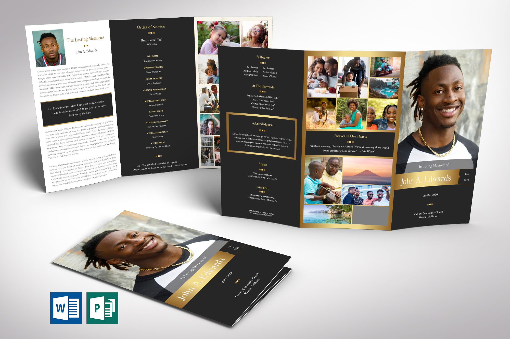 Remember Gold Tabloid Trifold Funeral Word Publisher Program Template