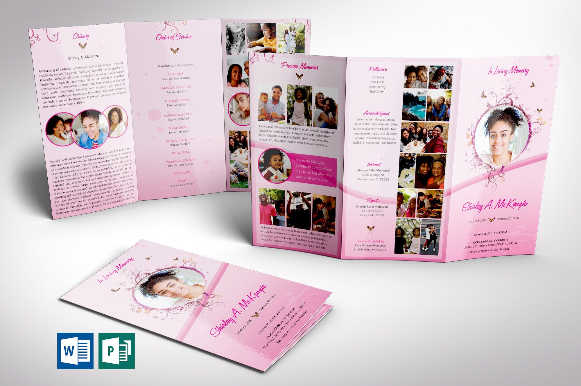 Pink Princess Tabloid Trifold Funeral Program Word Publisher Template
