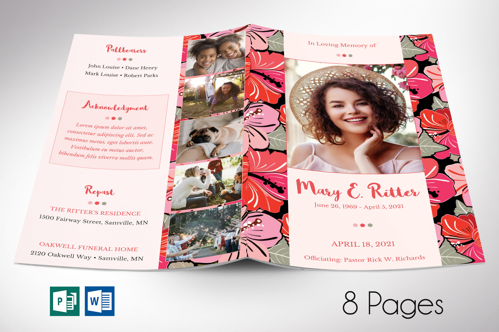 Peachy Hibiscus Funeral Program Word Publisher Template