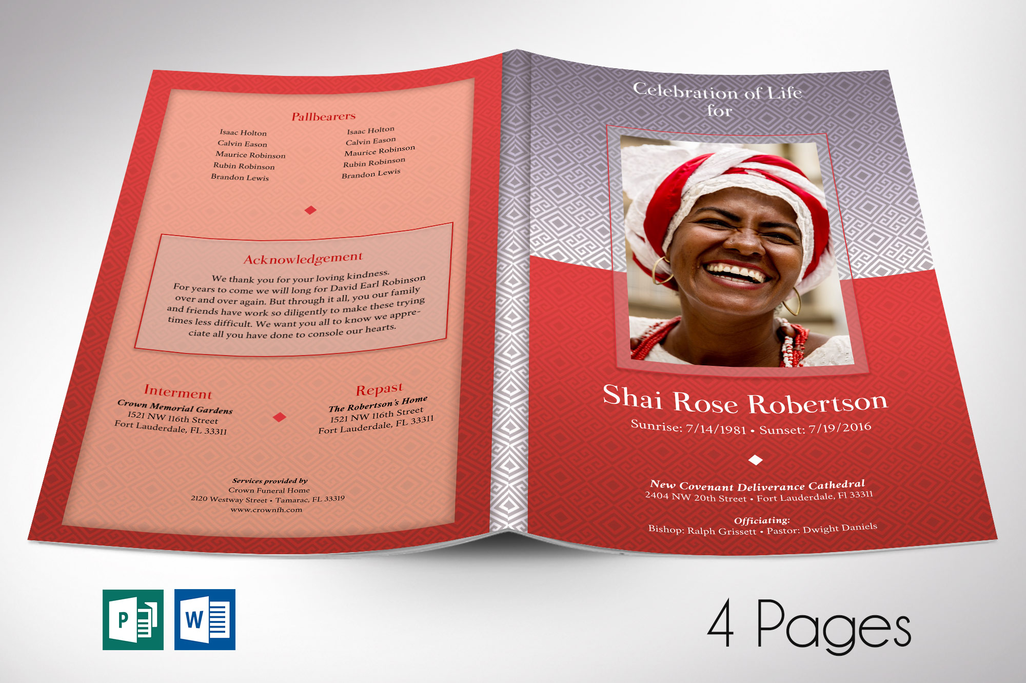 Red Diamond Funeral Program Word Publisher Template