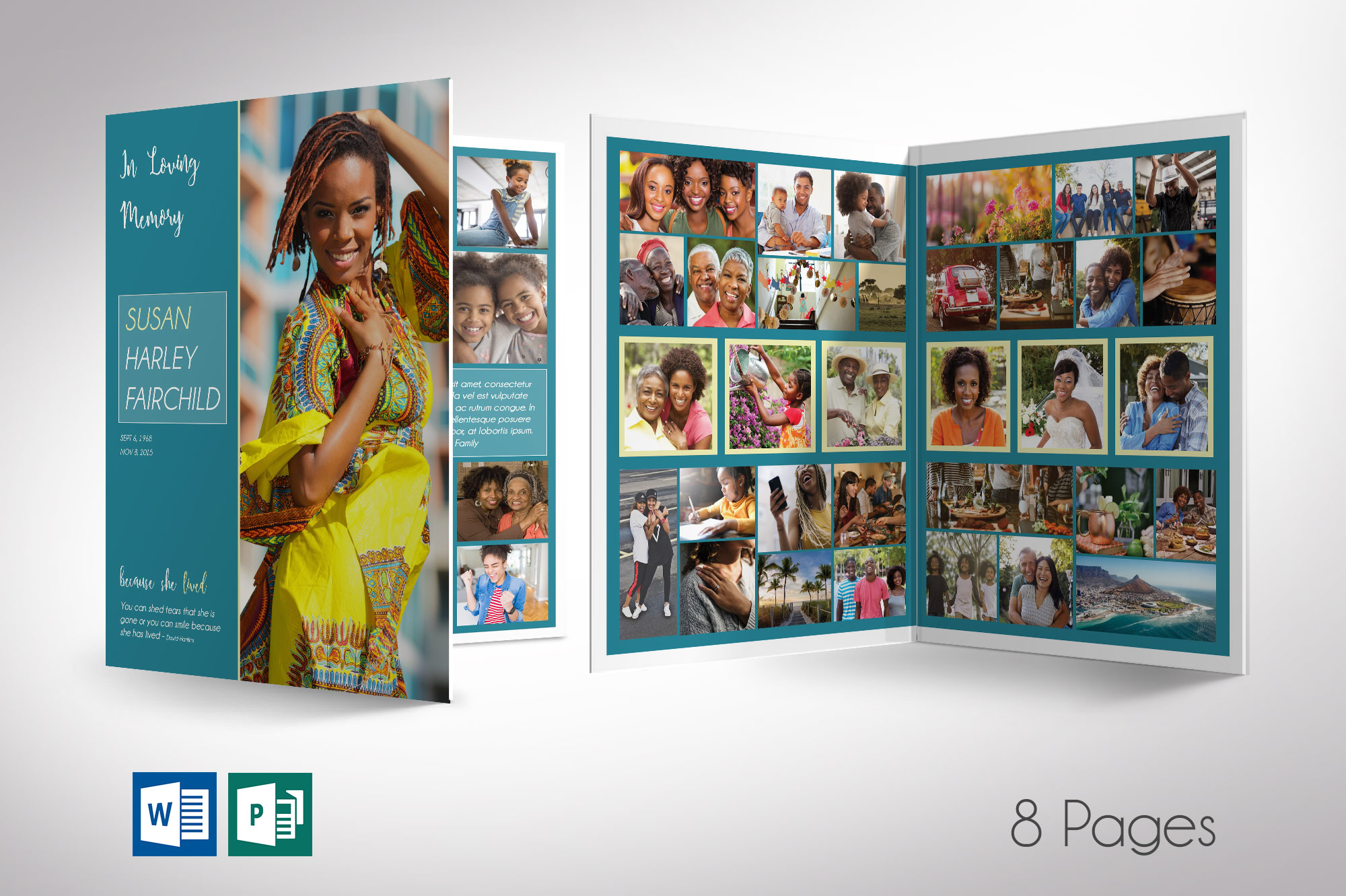 Teal Tabloid Funeral Program Word Publisher Template