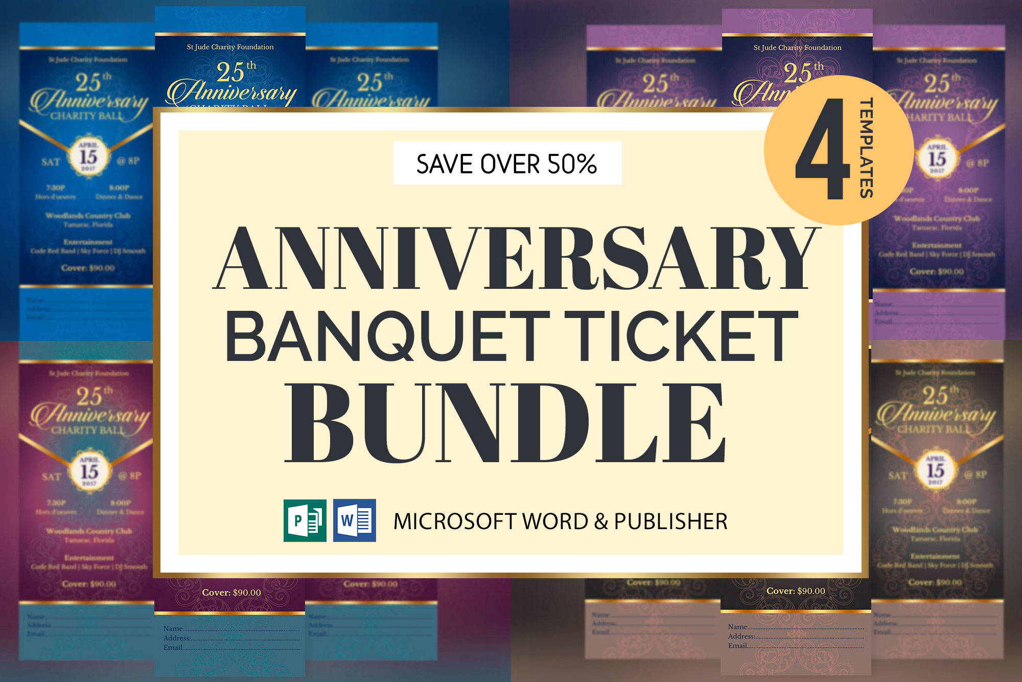 Anniversary Banquet Ticket Template Bundle - Word and Publisher