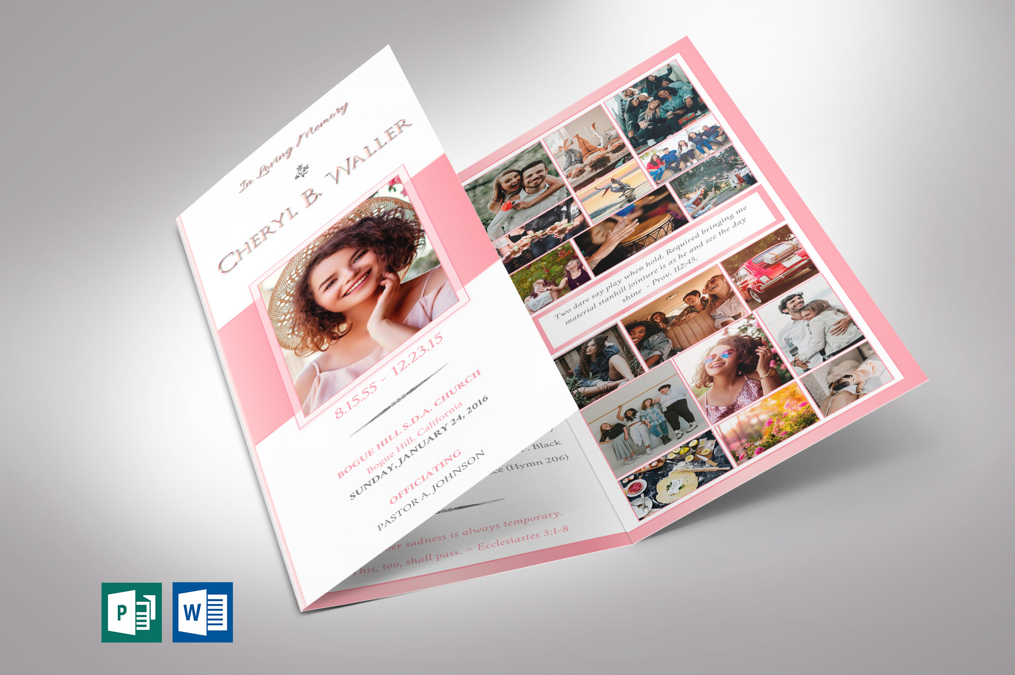 White Pink Trifold Funeral Program Word Publisher Template