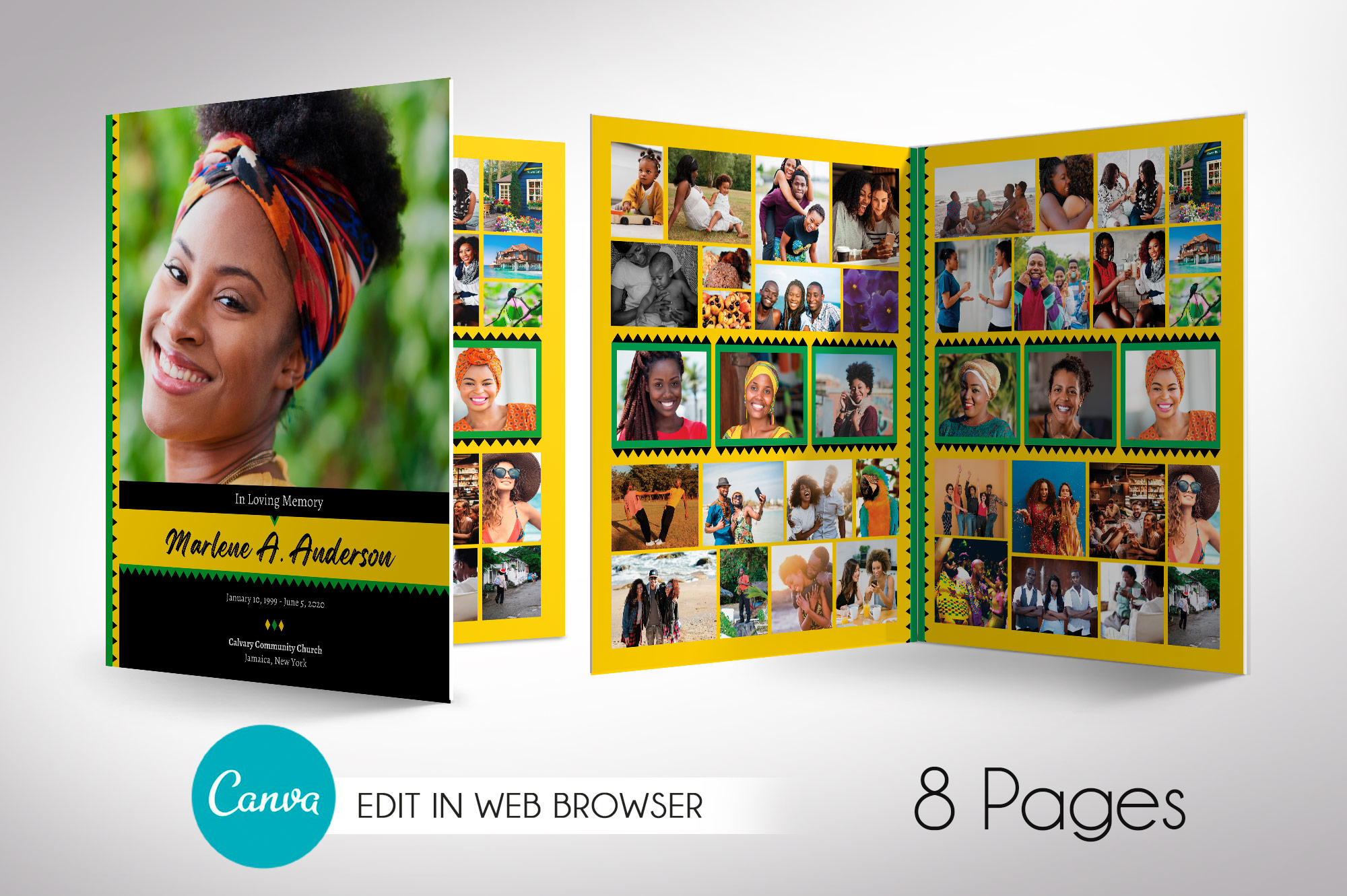 Jamaican Tabloid Funeral Program Canva Template, 8 Pages