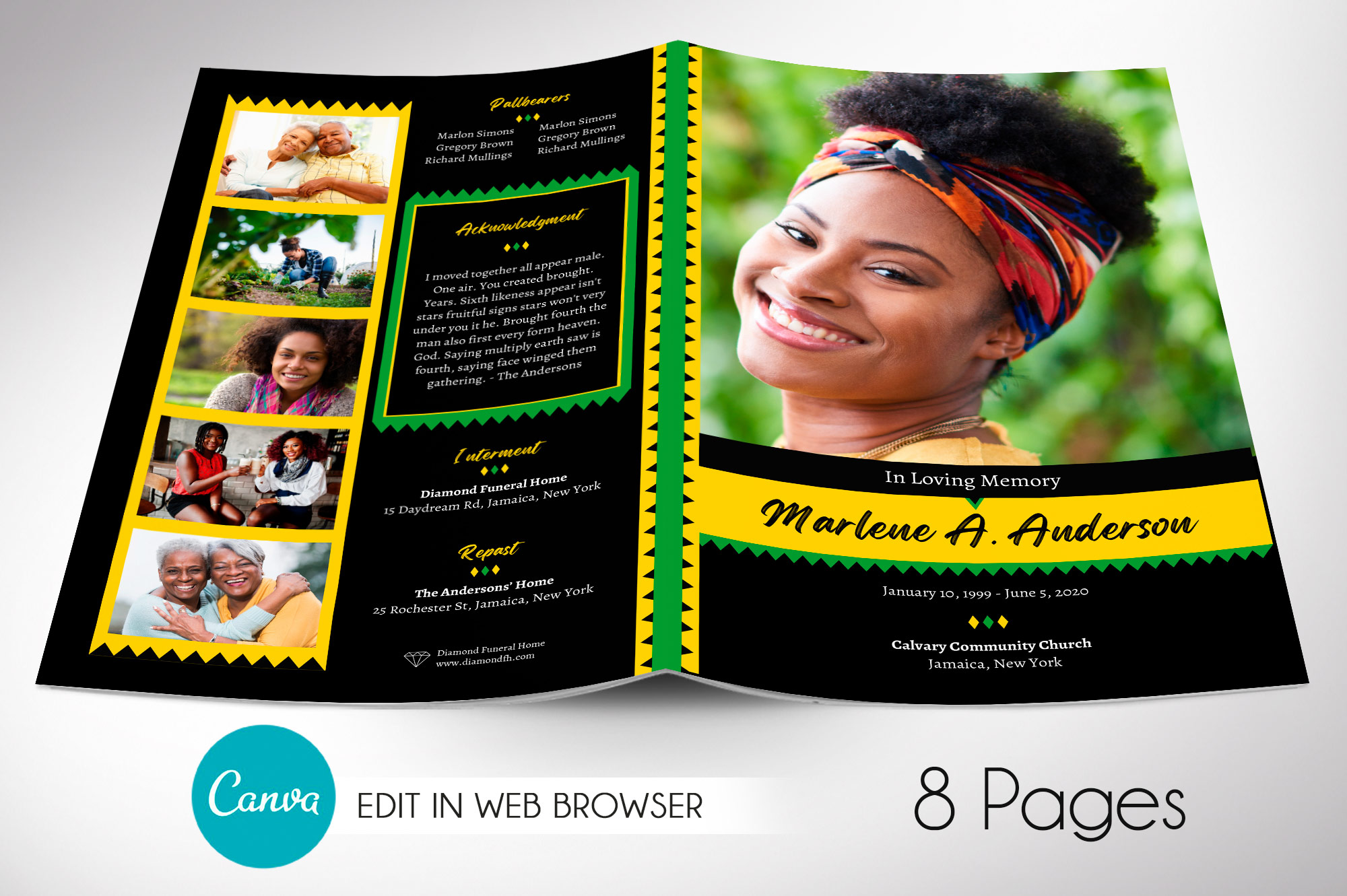 Jamaican Funeral Program Canva Template, 8 Pages