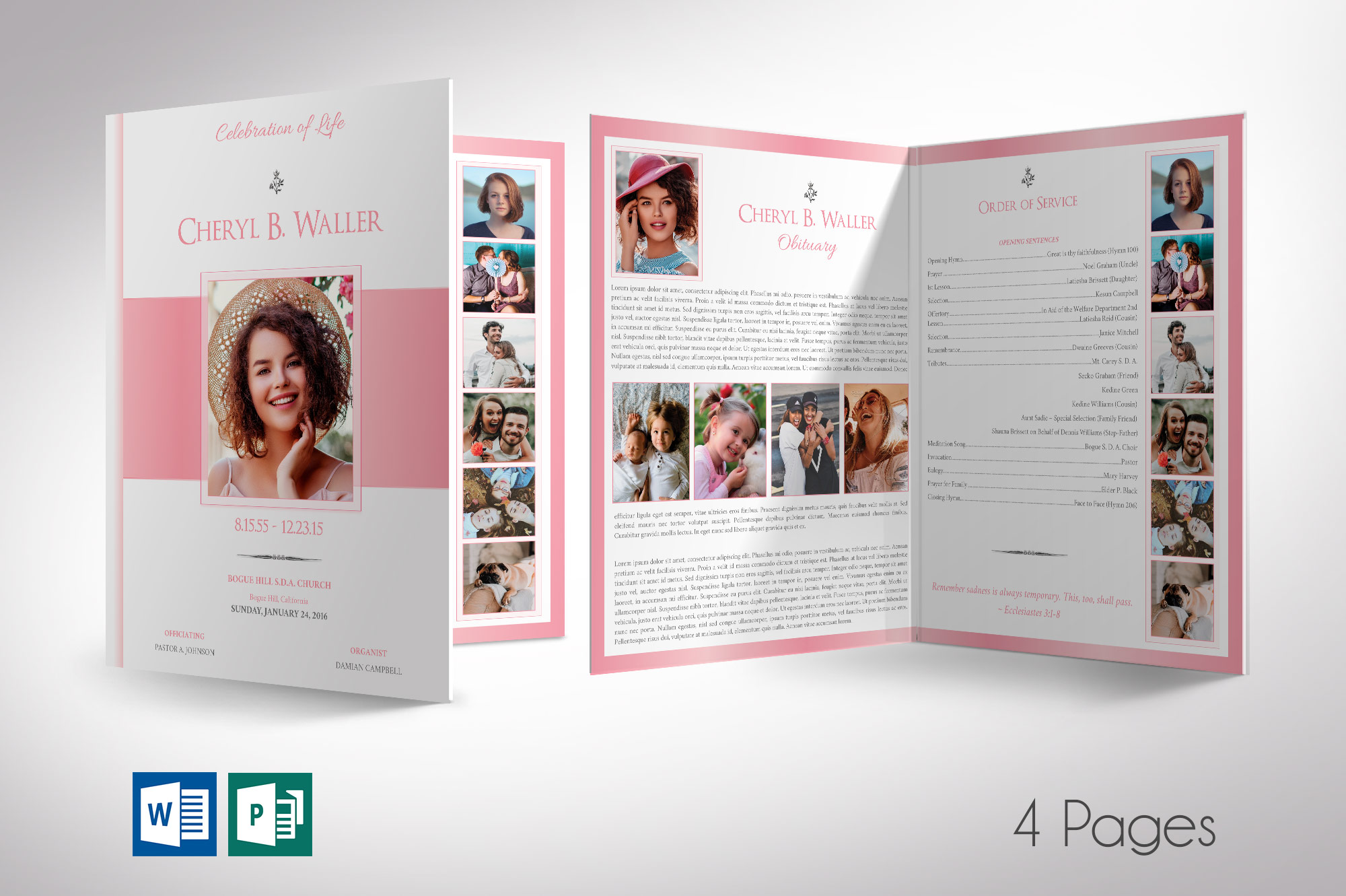 White Pink Tabloid Funeral Program Word Publisher Template