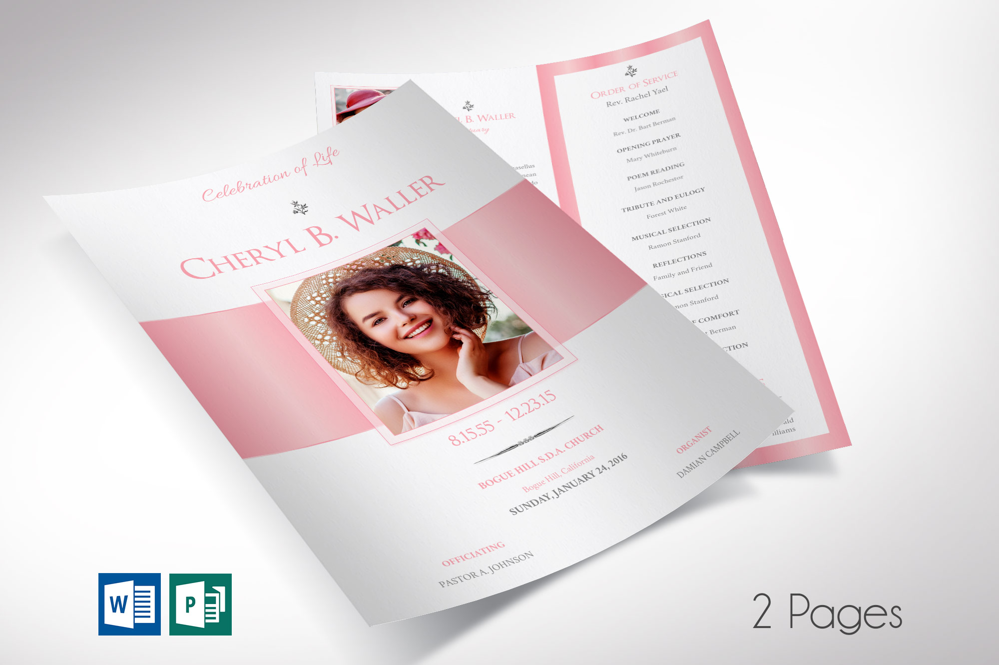White Pink Single Sheet Funeral Program Word Publisher Template