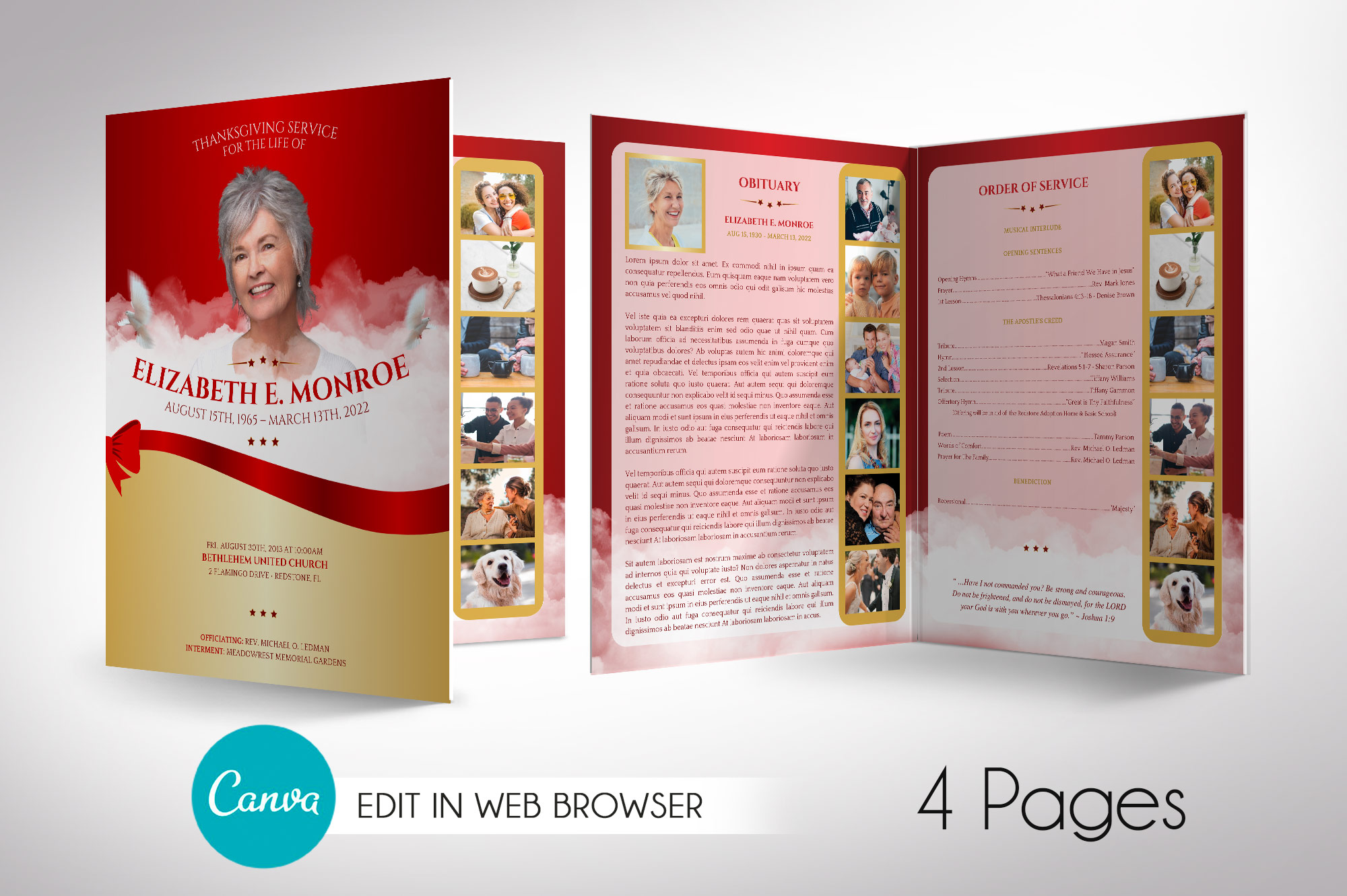 Red Ribbon Tabloid Funeral Program Canva Template