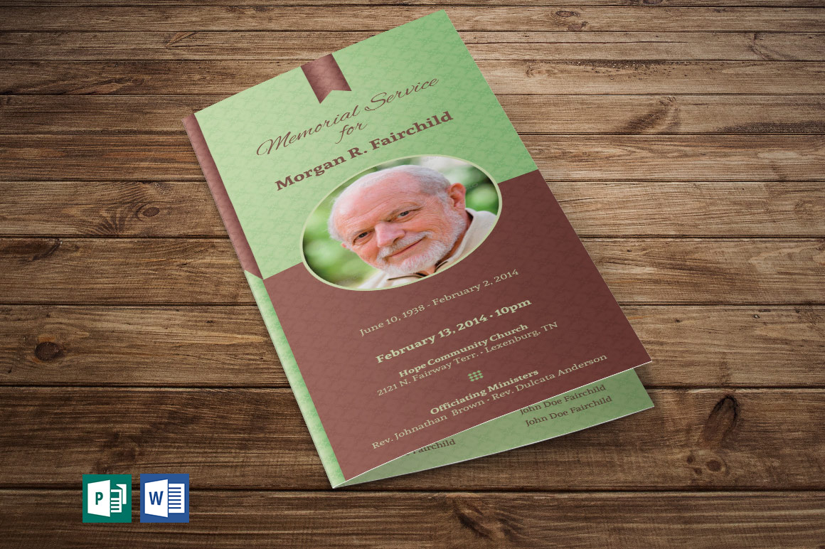 Green Brown Bifold Funeral Program Word Publisher Template - Free