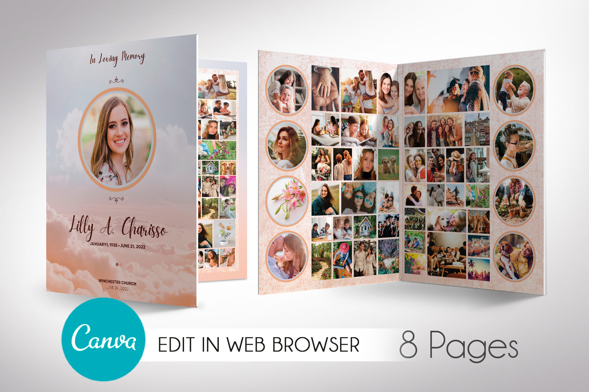 Heaven Tabloid Funeral Program Canva Template, 8 Pages,