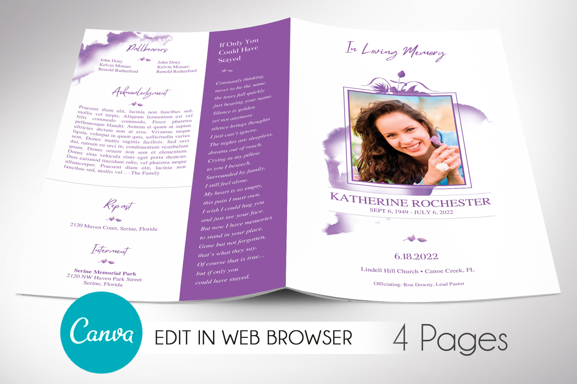 Purple Blossom Funeral Program Canva Template, 4 Pages