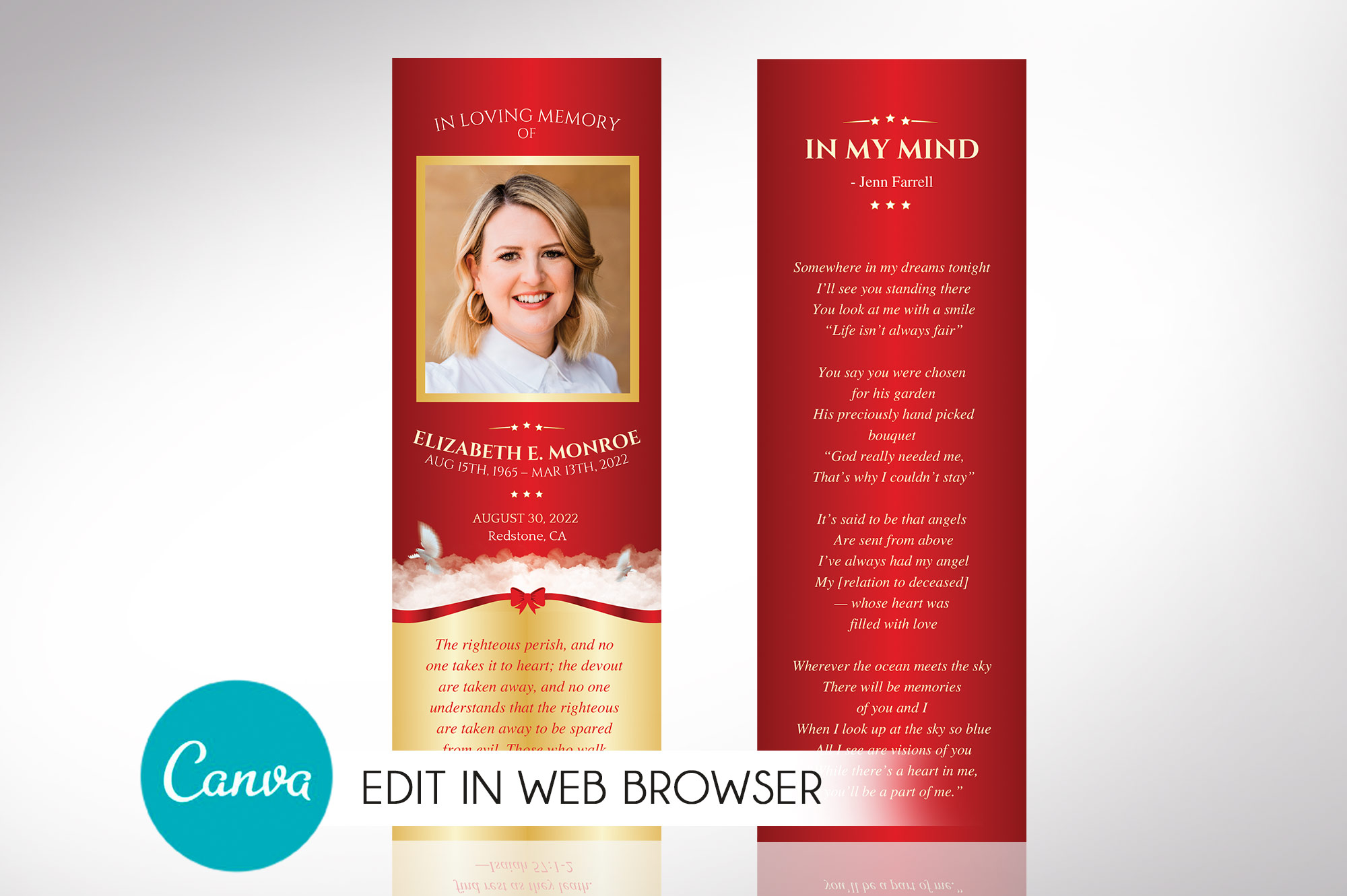Funeral Bookmark Canva Template - Red Ribbon
