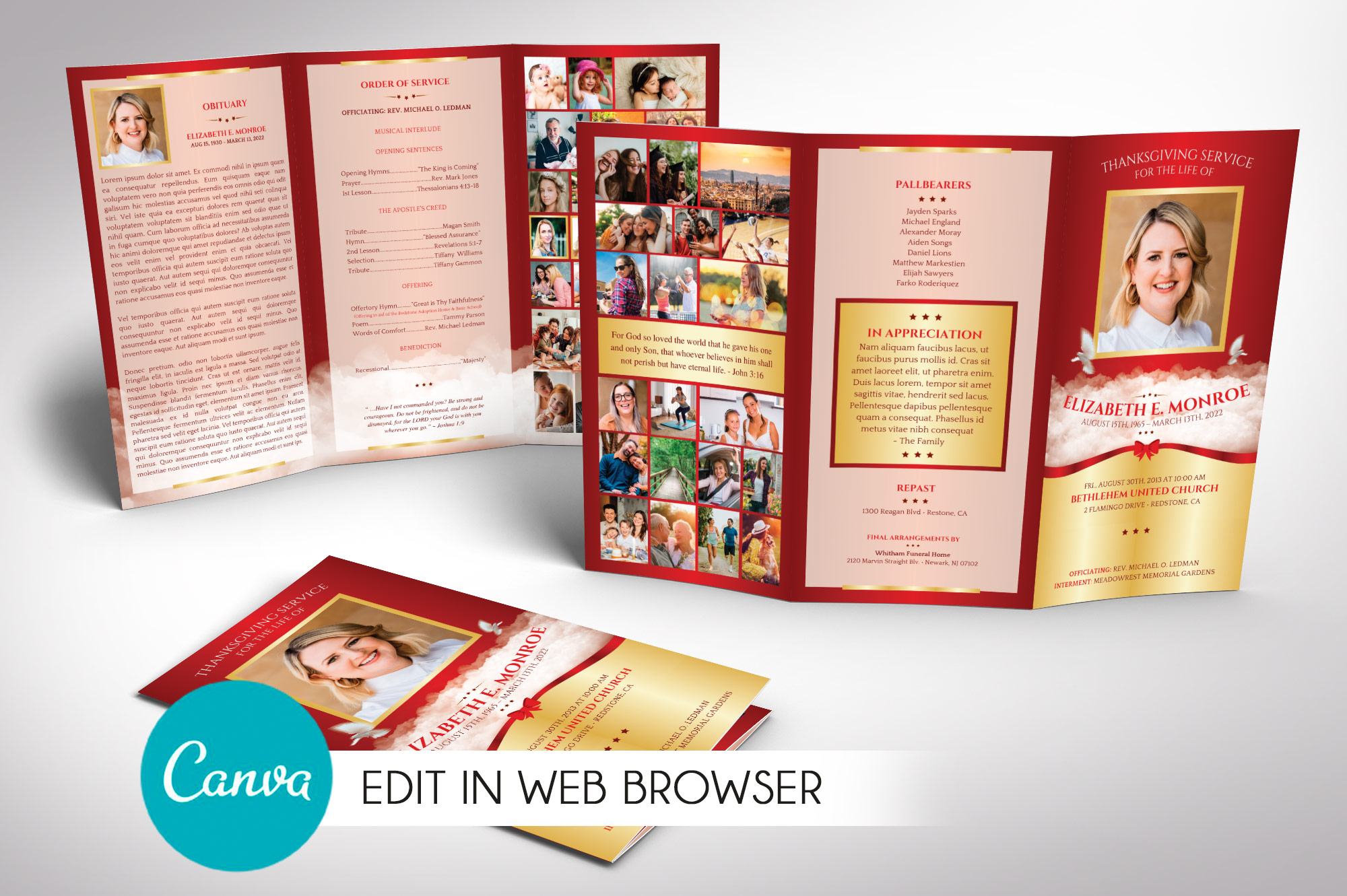 Red Ribbon Tabloid Trifold Funeral Program Canva Template